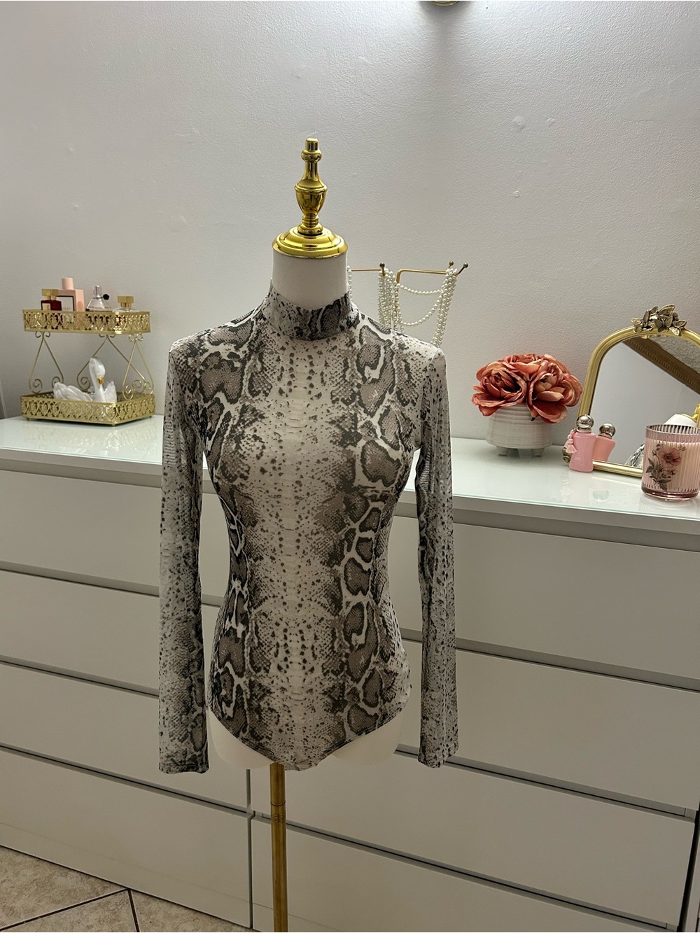 Snake-Print Mock Neck Bodysuit in Gray